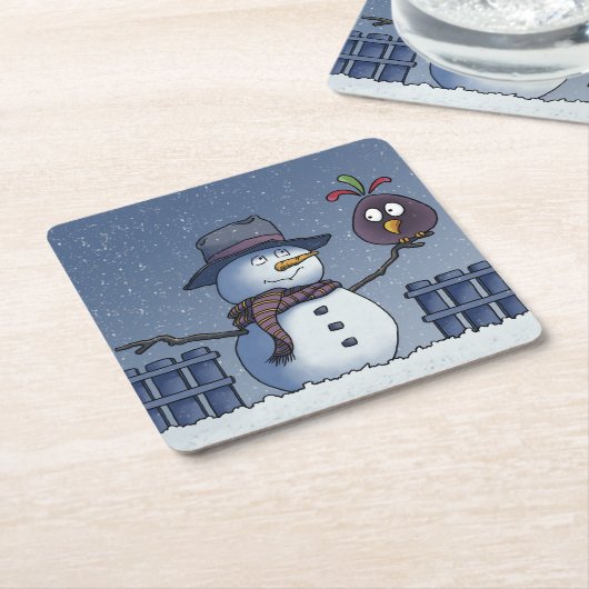 Snowman met Bird Kartonnen Onderzetters (Schuin)