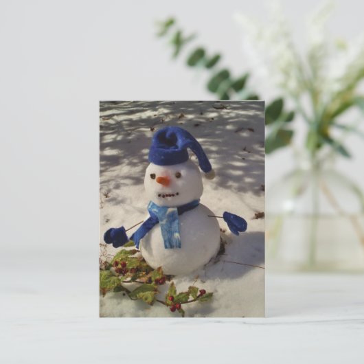 Snowman met blauw Pet en Scarf Briefkaart (Staand voorkant)
