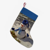 Snowman met blauw pet, handschoenen en scharf kleine kerstsok (Voorkant (Hangend))