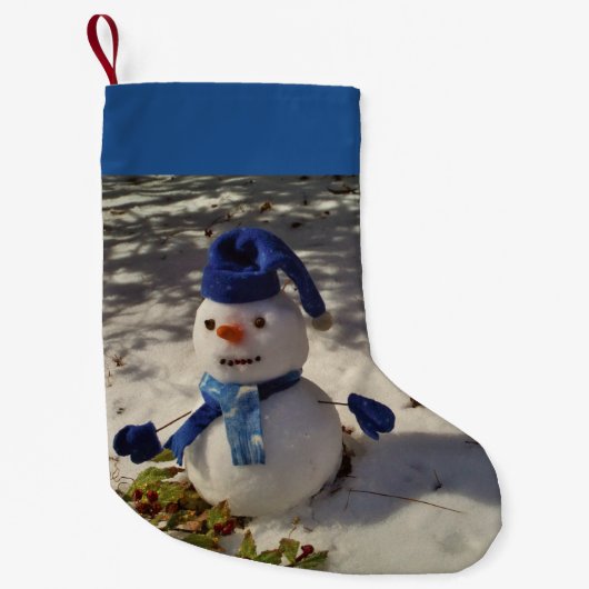 Snowman met blauw pet, handschoenen en scharf kleine kerstsok (Voorkant)