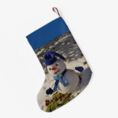 Snowman met blauw pet, handschoenen en scharf kleine kerstsok (Achterkant (Hangend))