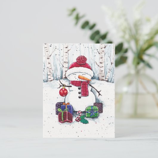 Snowman met cadeaus in Waterverf Briefkaart (Staand voorkant)