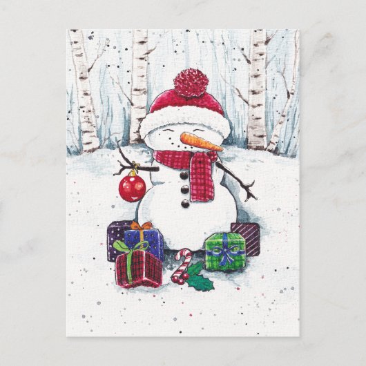 Snowman met cadeaus in Waterverf Briefkaart (Voorkant)