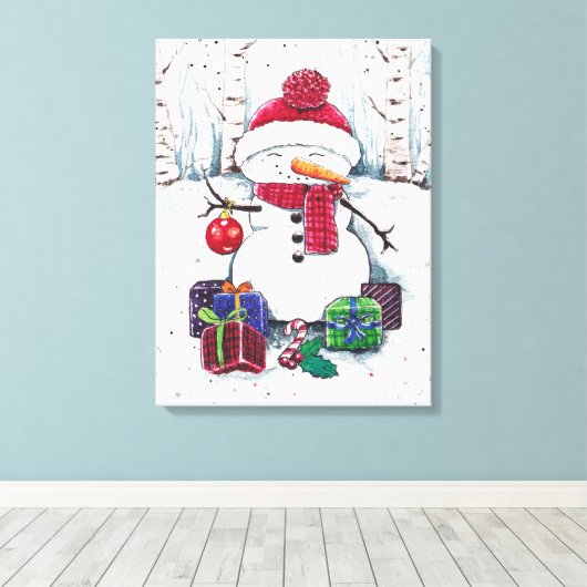 Snowman met cadeaus in Waterverf Canvas Afdruk (Insitu (Houten vloer))