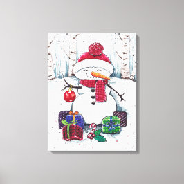 Snowman met cadeaus in Waterverf Canvas Afdruk