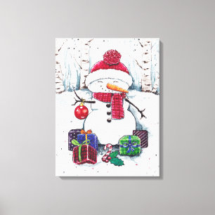Snowman met cadeaus in Waterverf Canvas Afdruk