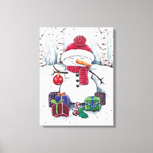 Snowman met cadeaus in Waterverf Canvas Afdruk (Voorkant)