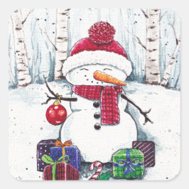 Snowman met cadeaus in Waterverf Klassieke Ronde S Vierkante Sticker