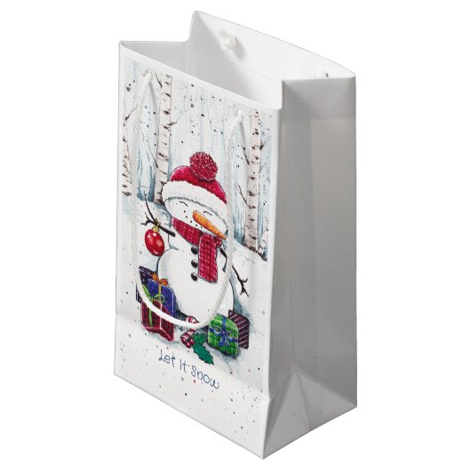 Snowman met cadeaus in Waterverf Klein Cadeauzakje (Voorkant Gekanteld)