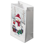 Snowman met cadeaus in Waterverf Klein Cadeauzakje (Achterkant Gekanteld)