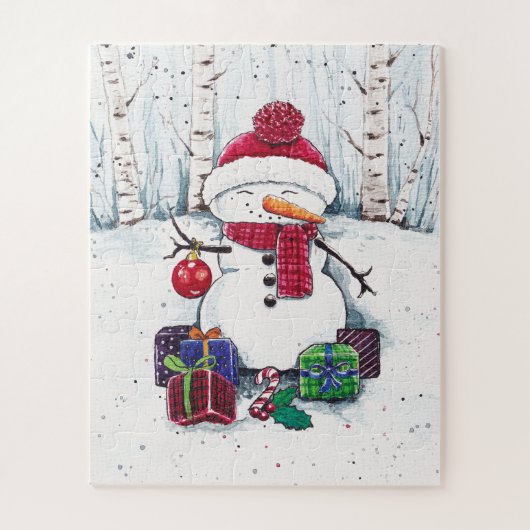 Snowman met cadeaus in Waterverf Legpuzzel (Verticaal)