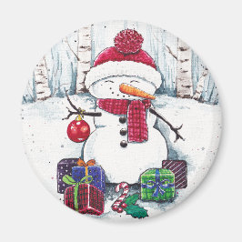 Snowman met cadeaus in Waterverf Magneet