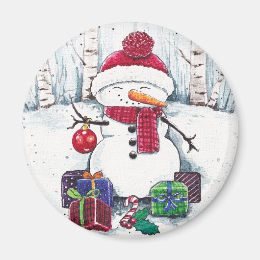 Snowman met cadeaus in Waterverf Magneet (Voorkant)