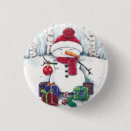 Snowman met cadeaus in Waterverf Ronde Button 3,2 Cm
