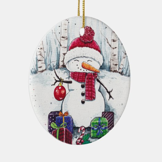 Snowman met cadeaus in witte kleur keramisch ornament (Rechts)