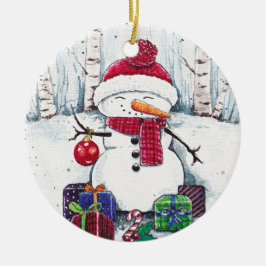 Snowman met cadeaus in witte kleur keramisch ornament