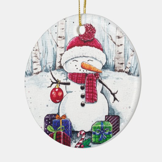 Snowman met cadeaus in witte kleur keramisch ornament (Links)