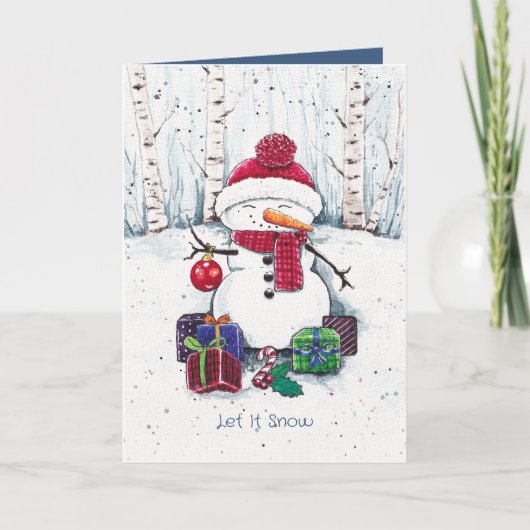 Snowman met cadeaus op Waterverf kaart (Voorkant)