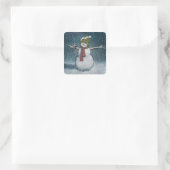 Snowman met Chickadee: Winter Scene Vierkante Sticker (Tas)