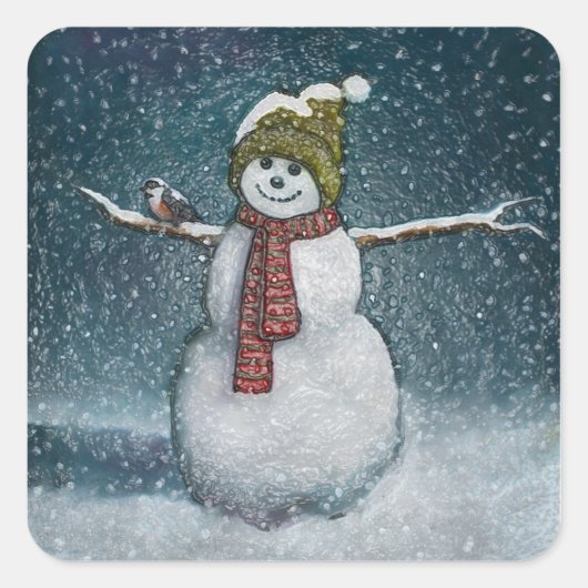 Snowman met Chickadee: Winter Scene Vierkante Sticker (Voorkant)