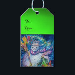 SNOWMAN MET CHRISTMAS TREE EN SPEELGOED, groen Cadeaulabel<br><div class="desc">Kleurrijk,  grappig en grappig acrylschilderij van Bulgan Lumini (c).Snowy Winter night with snowman,  kersttree,  toys,  cat,  owl,  puppets,  sierental planten and holly berries in levendig geel,  blauw,  groen,  rood,  wit roze,  kleuren</div>