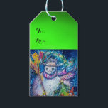 SNOWMAN MET CHRISTMAS TREE EN SPEELGOED, groen Cadeaulabel<br><div class="desc">Kleurrijk,  grappig en grappig acrylschilderij van Bulgan Lumini (c).Snowy Winter night with snowman,  kersttree,  toys,  cat,  owl,  puppets,  sierental planten and holly berries in levendig geel,  blauw,  groen,  rood,  wit roze,  kleuren</div>