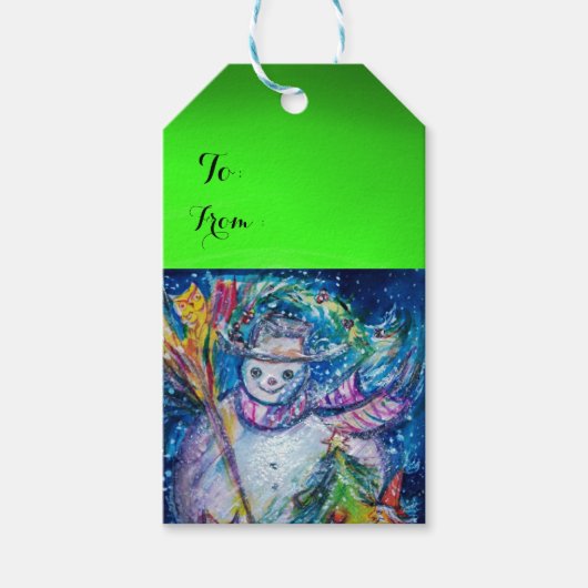 SNOWMAN MET CHRISTMAS TREE EN SPEELGOED, groen Cadeaulabel (Voorkant)