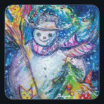 SNOWMAN MET CHRISTMAS TREE EN TOYS IN WINTER VIERKANTE STICKER<br><div class="desc">Colorful , whimsical and grappig acrylverf door Bulgan Lumini (c).Snowy Winter night with snowman, kersttree, toys, cat, owl, puppets, sierental planten and holly berries in levendige geel, blauw, groen, rood, wit roze, kleuren.</div>