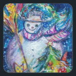 SNOWMAN MET CHRISTMAS TREE EN TOYS IN WINTER VIERKANTE STICKER<br><div class="desc">Colorful , whimsical and grappig acrylverf door Bulgan Lumini (c).Snowy Winter night with snowman, kersttree, toys, cat, owl, puppets, sierental planten and holly berries in levendige geel, blauw, groen, rood, wit roze, kleuren.</div>