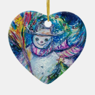 SNOWMAN MET CHRISTMAS TREE EN TOYS KERAMISCH ORNAMENT