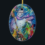 SNOWMAN MET CHRISTMAS TREE EN TOYS KERAMISCH ORNAMENT<br><div class="desc">Colorful , whimsical and grappig acrylverf door Bulgan Lumini (c).Snowy Winter night with snowman, kersttree, toys, cat, owl, puppets, sierental planten and holly berries in levendige geel, blauw, groen, rood, wit roze, kleuren.</div>