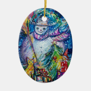SNOWMAN MET CHRISTMAS TREE EN TOYS KERAMISCH ORNAMENT