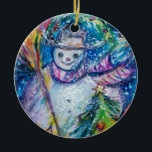 SNOWMAN MET CHRISTMAS TREE EN TOYS KERAMISCH ORNAMENT<br><div class="desc">Colorful , whimsical and grappig acrylverf door Bulgan Lumini (c).Snowy Winter night with snowman, kersttree, toys, cat, owl, puppets, sierental planten and holly berries in levendige geel, blauw, groen, rood, wit roze, kleuren.</div>