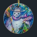 SNOWMAN MET CHRISTMAS TREE EN TOYS KERAMISCH ORNAMENT<br><div class="desc">Colorful , whimsical and grappig acrylverf door Bulgan Lumini (c).Snowy Winter night with snowman, kersttree, toys, cat, owl, puppets, sierental planten and holly berries in levendige geel, blauw, groen, rood, wit roze, kleuren.</div>