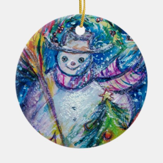 SNOWMAN MET CHRISTMAS TREE EN TOYS KERAMISCH ORNAMENT (Voorkant)