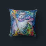 SNOWMAN MET CHRISTMAS TREE EN TOYS KUSSEN<br><div class="desc">Kleurrijk,  grappig en grappig acrylschilderij van Bulgan Lumini (c).Snowy Winter night with snowman,  kersttree,  toys,  cat,  owl,  puppets,  sierental planten and holly berries in levendig geel,  blauw,  groen,  rood,  wit roze,  kleuren</div>