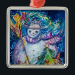 SNOWMAN MET CHRISTMAS TREE EN TOYS METALEN ORNAMENT<br><div class="desc">Colorful , whimsical and grappig acrylverf door Bulgan Lumini (c).Snowy Winter night with snowman, kersttree, toys, cat, owl, puppets, sierental planten and holly berries in levendige geel, blauw, groen, rood, wit roze, kleuren.</div>