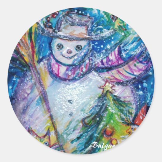 SNOWMAN MET CHRISTMAS TREE EN TOYS RONDE STICKER (Voorkant)