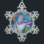 SNOWMAN MET CHRISTMAS TREE EN TOYS TIN SNEEUWVLOK ORNAMENT<br><div class="desc">Kleurrijk,  grappig en grappig acrylschilderij van Bulgan Lumini (c).Snowy Winter night with snowman,  kersttree,  toys,  cat,  owl,  puppets,  sierental planten and holly berries in levendig geel,  blauw,  groen,  rood,  wit roze,  kleuren</div>