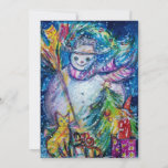 SNOWMAN MET CHRISTMAS TREE, OWL EN TOYS FEESTDAGENKAART<br><div class="desc">Colorful , whimsical and grappig acrylverf door Bulgan Lumini (c).Snowy Winter night with snowman, kersttree, toys, cat, owl, puppets, sierental planten and holly berries in levendige geel, blauw, groen, rood, wit roze, kleuren.</div>