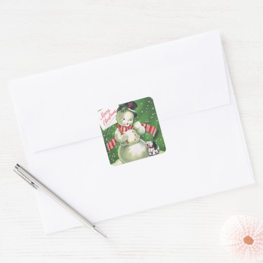 Snowman met Dog Vierkante Sticker (Envelop)