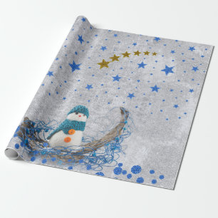 Snowman met dunne blauwe sterren cadeaupapier