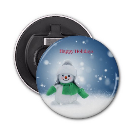 Snowman met een groene sjaal button flesopener (Voorkant)