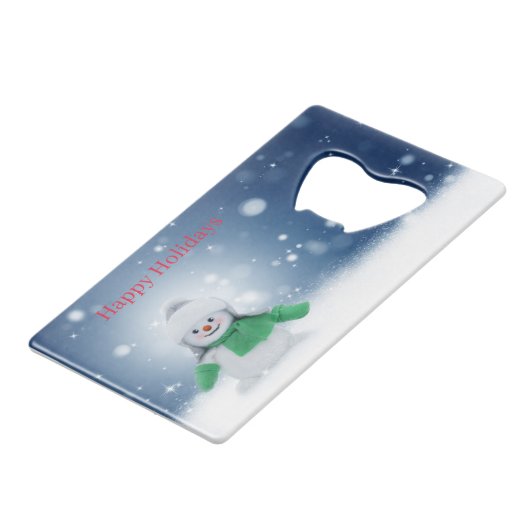 Snowman met een groene sjaal creditkaart flessenopener (Voorkant Gekanteld)