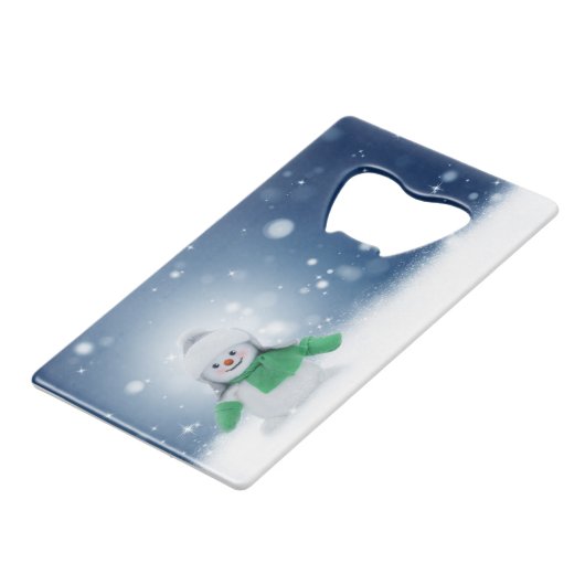 Snowman met een groene sjaal creditkaart flessenopener (Achterkant Gekanteld)