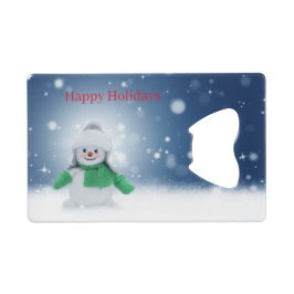 Snowman met een groene sjaal creditkaart flessenopener