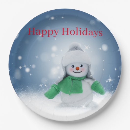 Snowman met een groene sjaal papieren bordje (Voorkant)