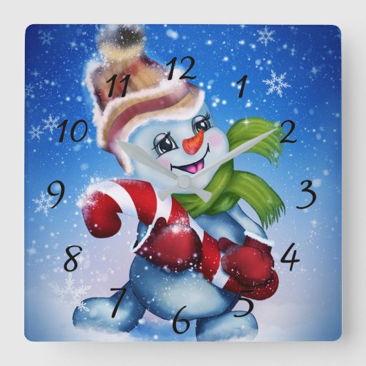 Snowman met een sjaal vierkante klok (Voorkant)