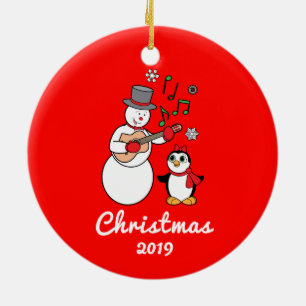 Snowman met Guitar en Penguin jaar Keramisch Ornament