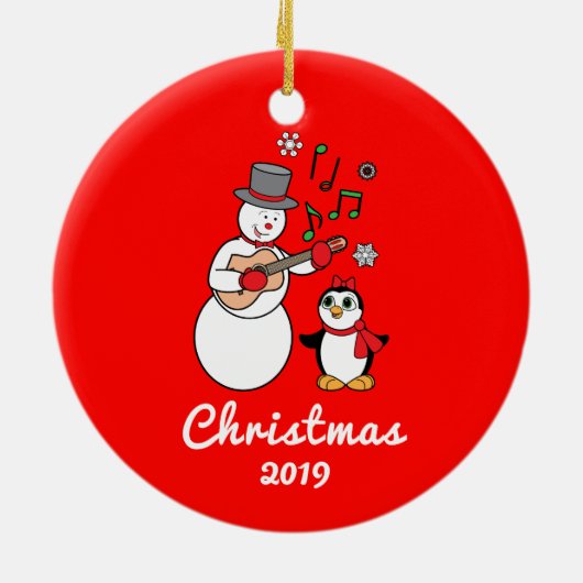 Snowman met Guitar en Penguin  jaar Keramisch Ornament (Achterkant)